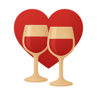 Two wine glasses in front of a heart symbolizing a romantic dining atmosphere.
