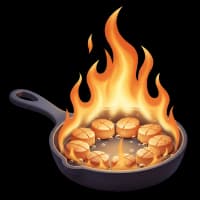 Sizzling pan with flames showcasing dramatic cooking style.