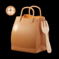 Illustration of a takeout bag with a clock and fork, symbolizing convenient weeknight dining.