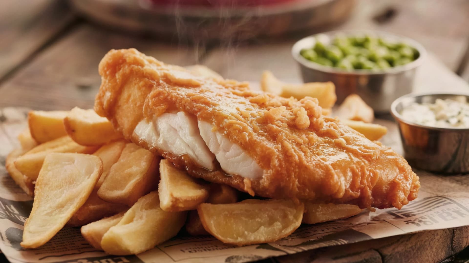 Crispy battered fish fillet on thick-cut fries, served with mushy peas and tartar sauce on a rustic paper-lined surface.